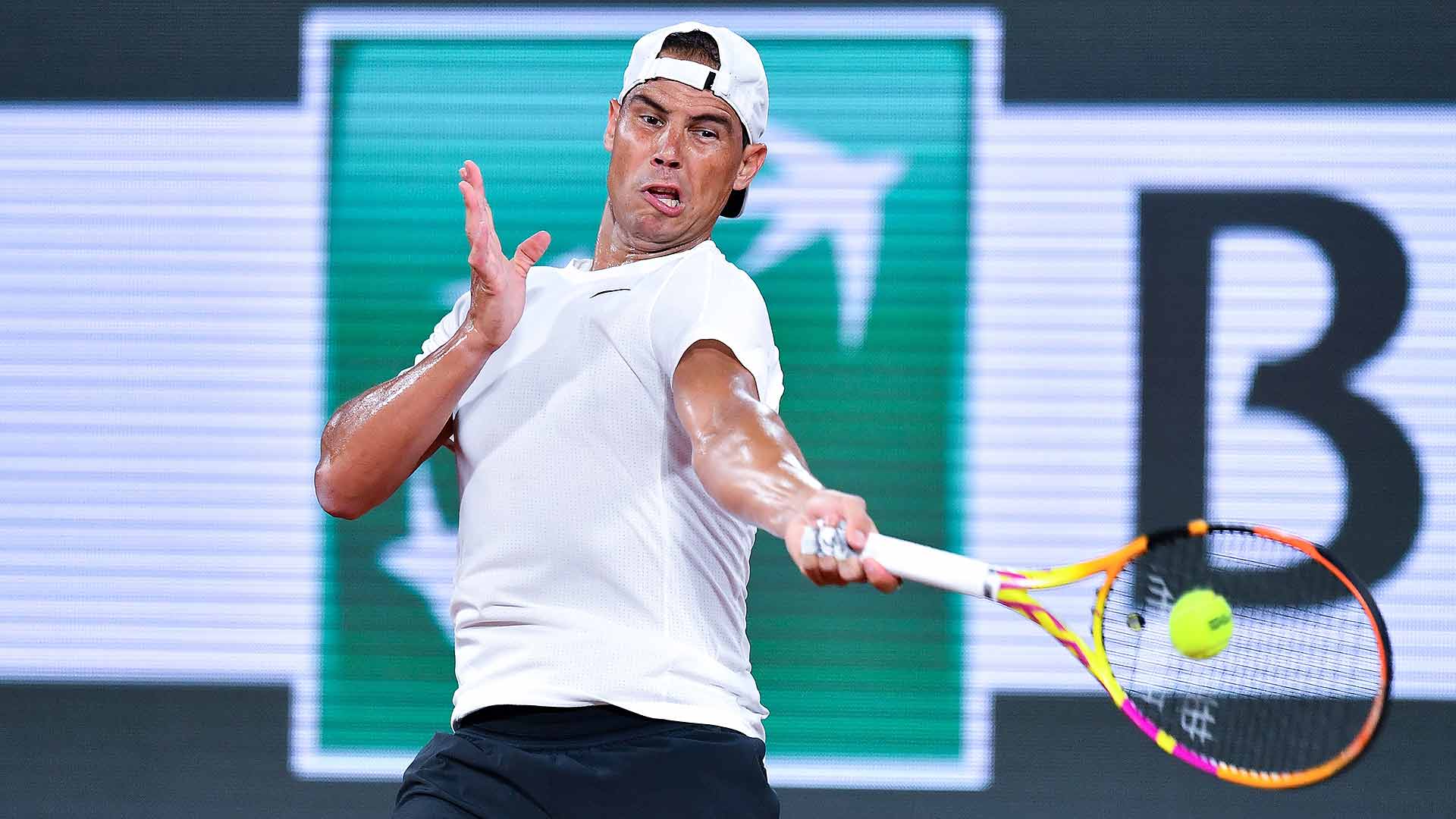 Rafael Nadal practises Monday on Court Philippe-Chatrier at Roland Garros.