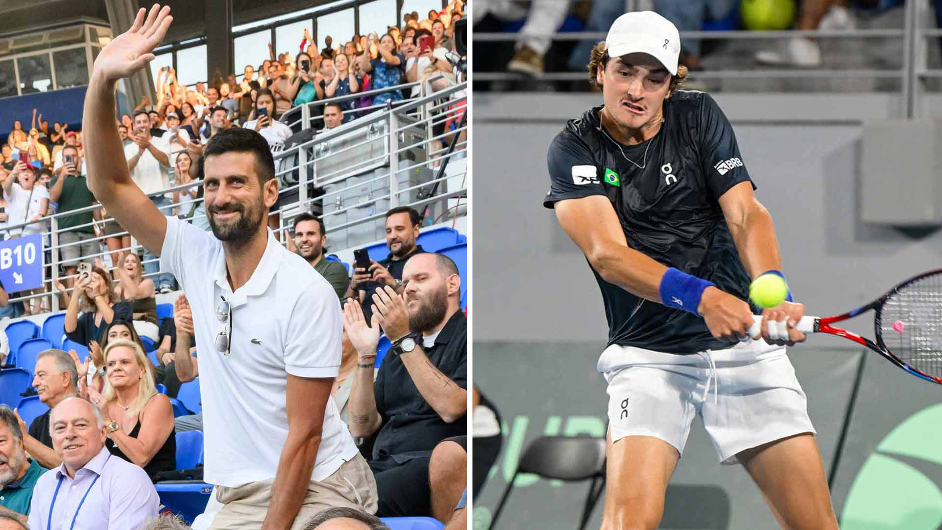 Novak Djokovic was in attendance for the Davis Cup tie between Brazil, led by Joao Fonseca, and Greece on Sunday.