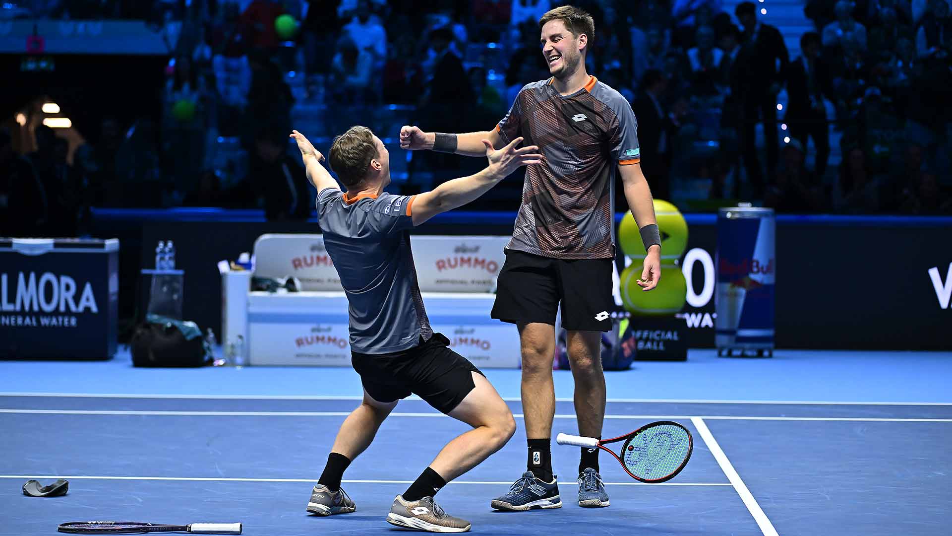 Harri Heliovaara and Hentry Patten celebrate championship point at the Nitto ATP Finals.