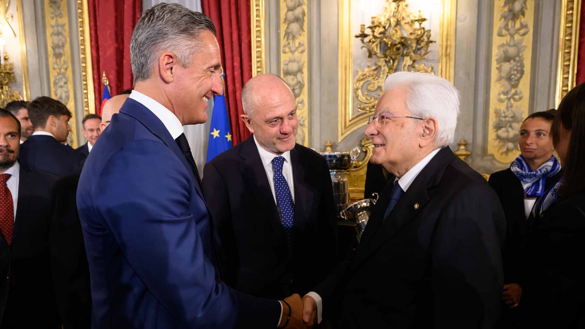 ATP Chairman Andrea Gaudenzi and Italian Tennis and Padel Federation President Angelo Binaghi speak with Italian President Sergio Mattarella.