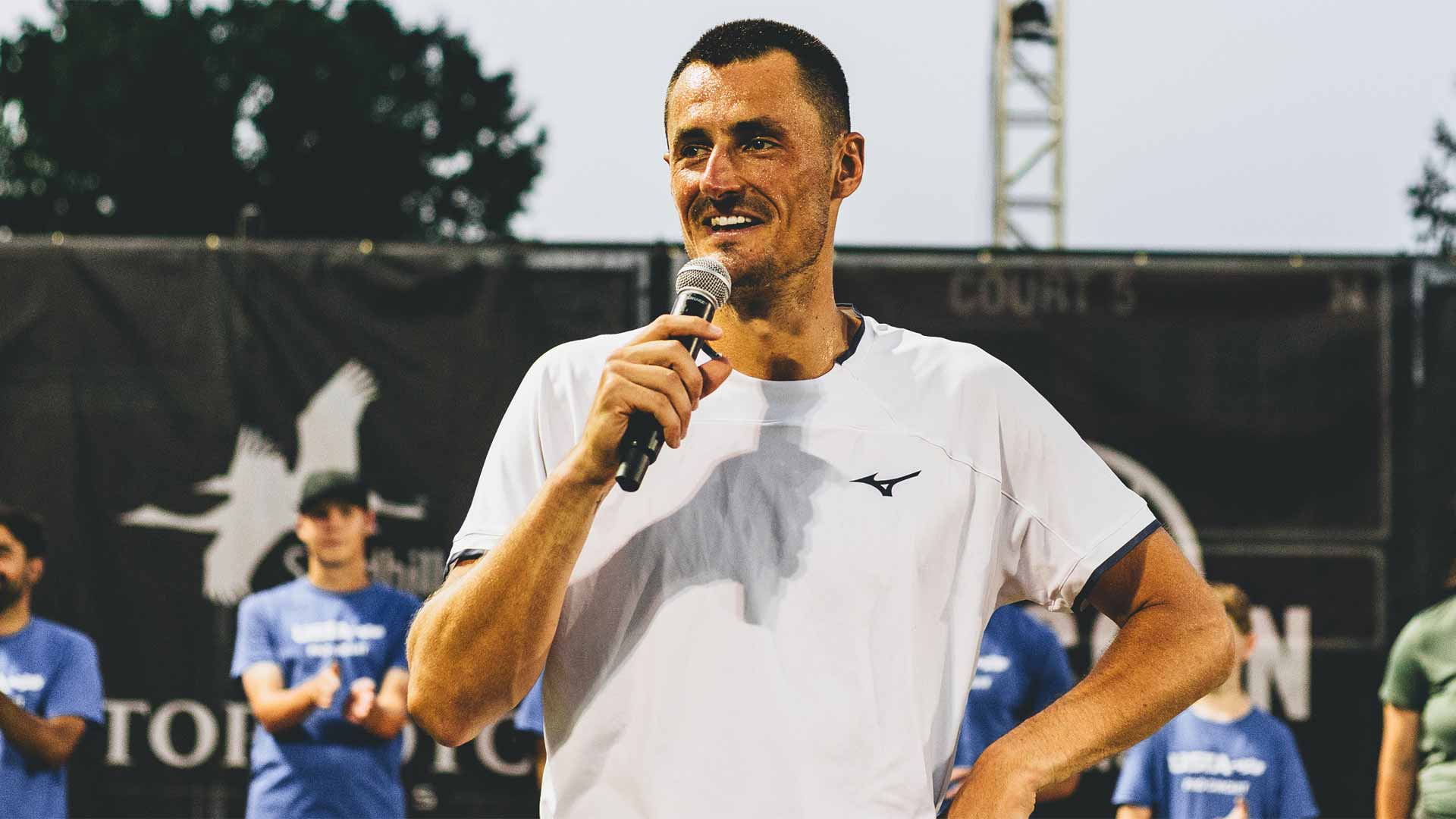 Bernard Tomic at the 2026 Lincoln Challenger trophy ceremony.