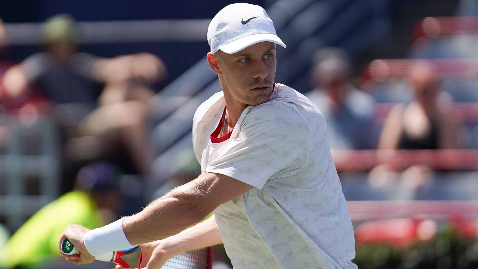 Denis Shapovalov hits a backhand against Zachary Svajda on Tuesday in Montreal.
